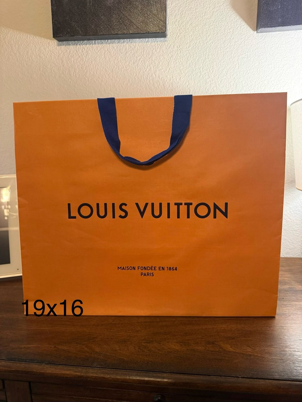 Louis Vuitton Orange Shopping Bag with Blue Handles